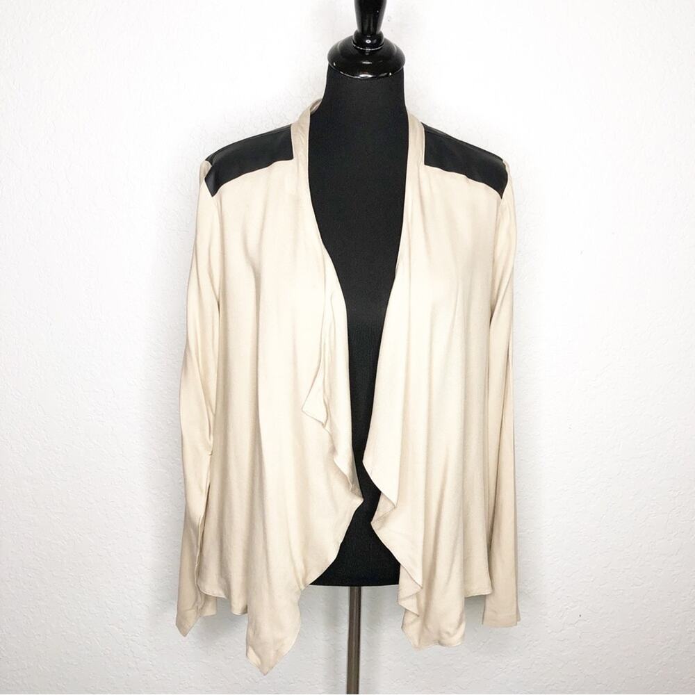 Torrid tan black faux leather patch open front draped jacket size 0 or Large NWT